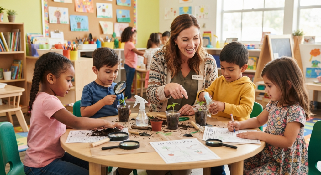 Kindergarten teacher leading a hands-on lesson with young students