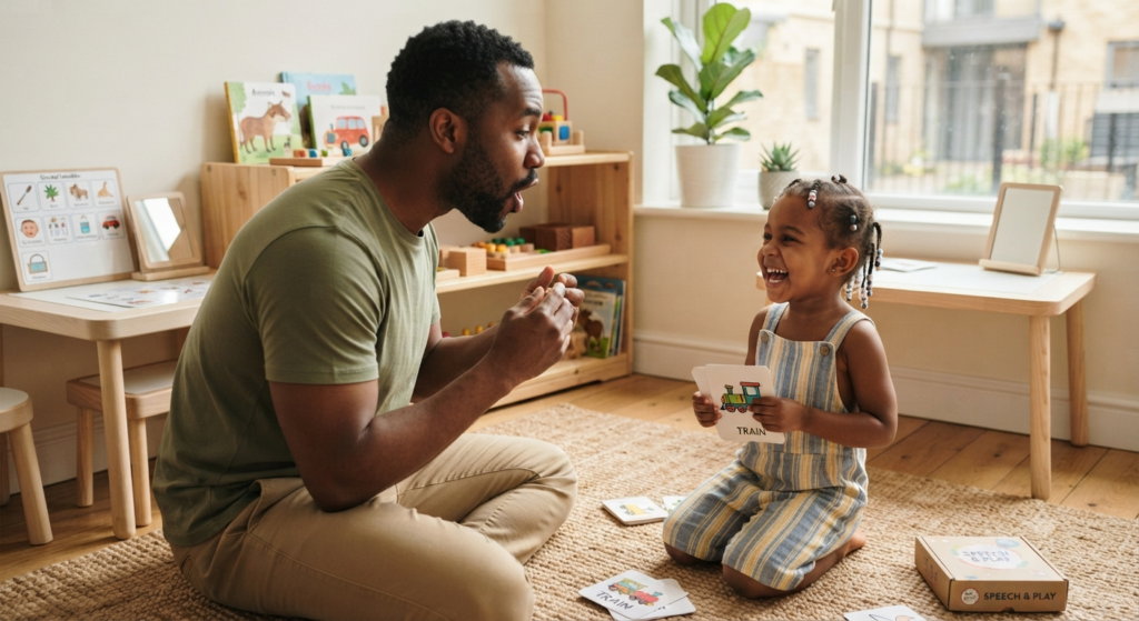 A parent and young child engaging in a speech and language activity together at home, surrounded by toys and picture cards.