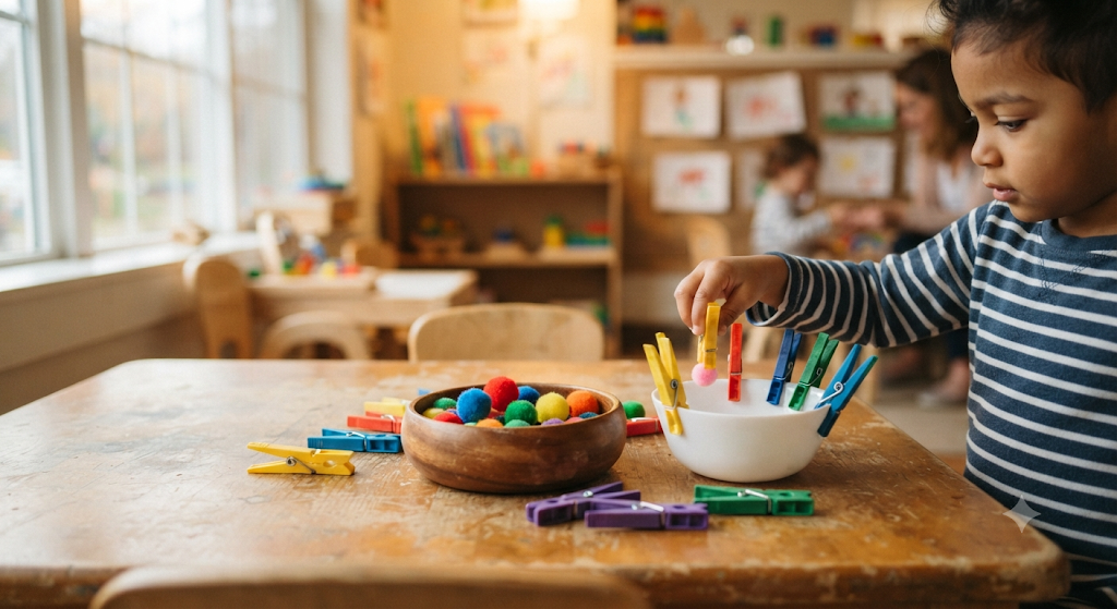 Easy fine motor activities for preschool classroom shown with clothespins and pom-poms.