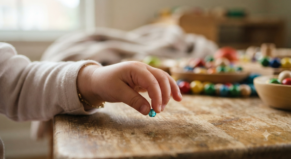 Preschooler using a pincer grasp to pick up a small object.