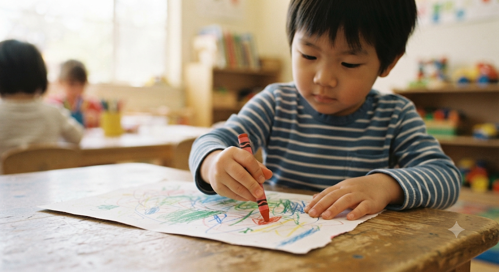 Child practicing pencil grip with a crayon at a classroom table.