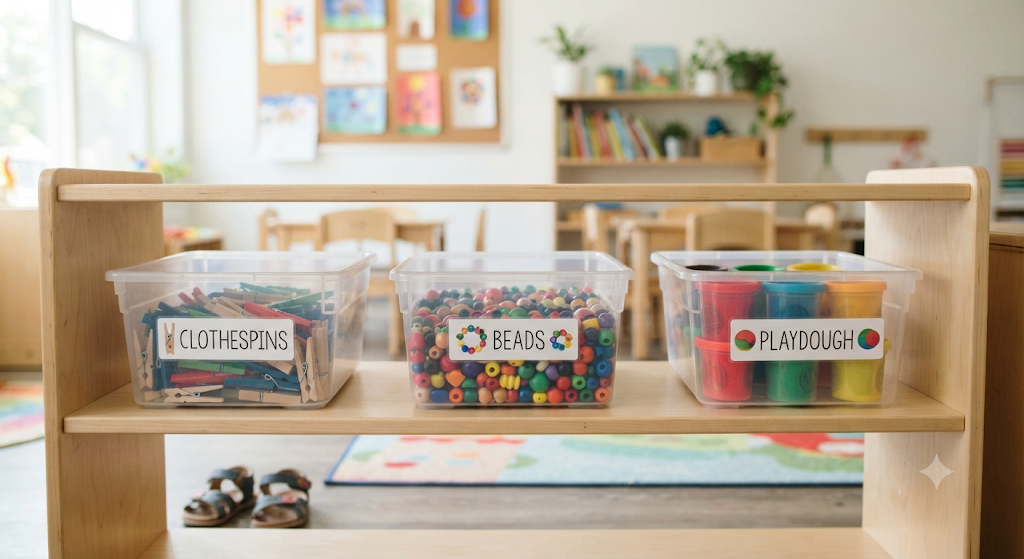 Preschool fine motor center with labeled storage bins.