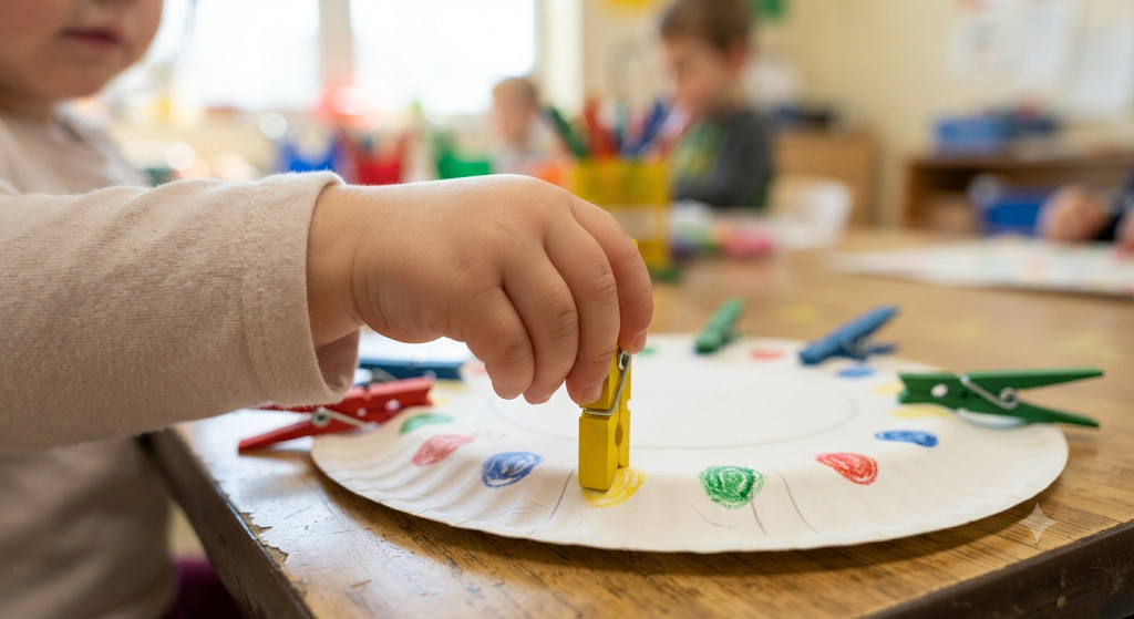Child clipping a colored clothespin onto a matching paper circle.