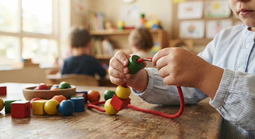Preschooler threading wooden beads onto a shoelace.