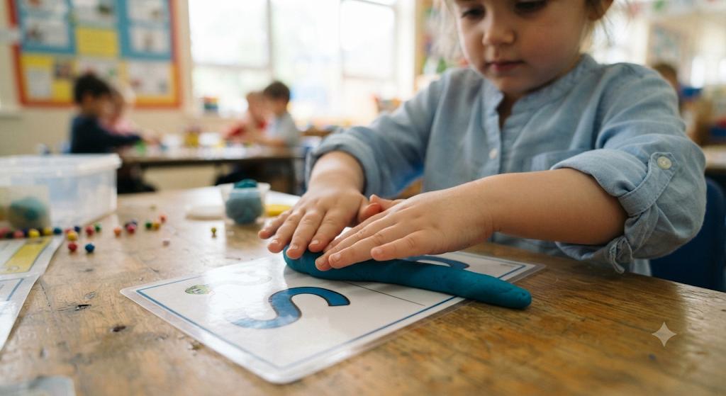 Child forming a letter shape out of playdough on a mat.