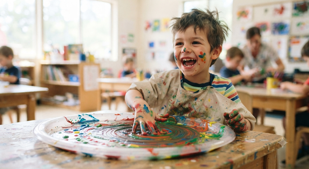 Child finger painting directly on a tray with no extra materials.