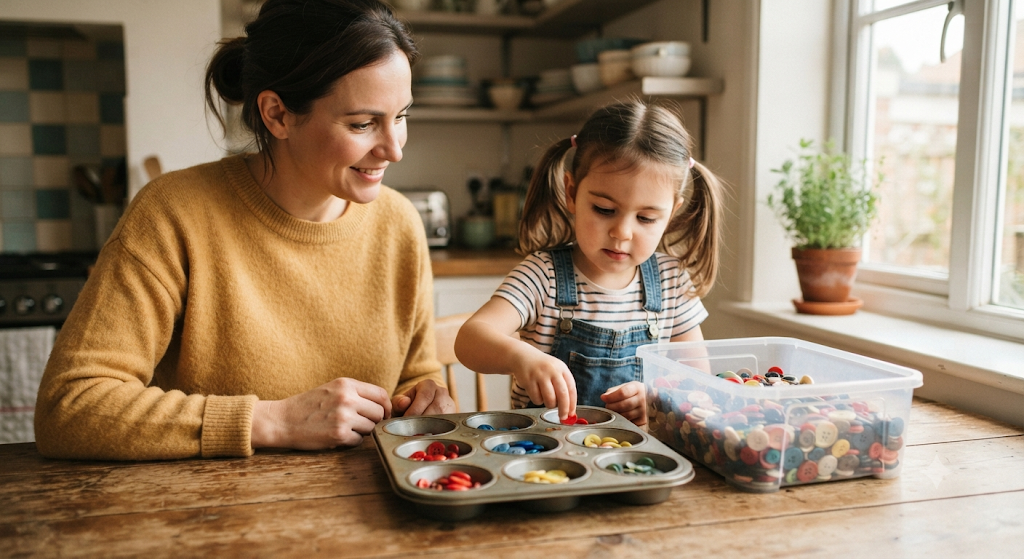 Parent and child sorting buttons into a muffin tin at home.