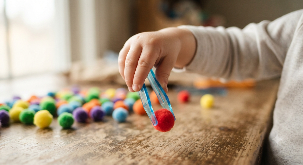 Close-up of a child's hand using tweezers to strengthen pencil grip muscles