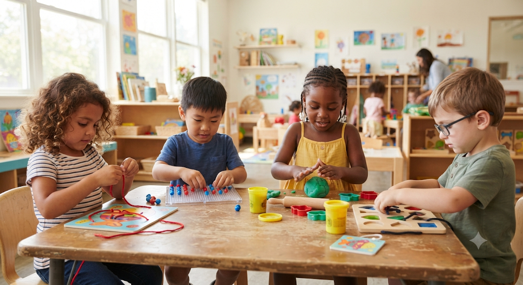Group of preschoolers engaged in fine motor activities at a classroom center.