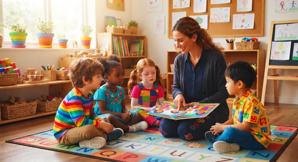 Kindergarten teacher leading a hands-on lesson with young students