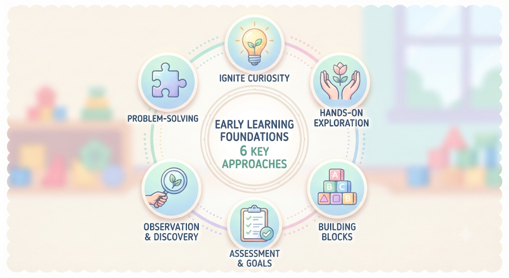 Diagram of the six elements of a strong kindergarten lesson plan