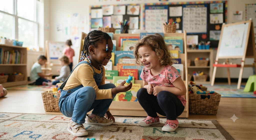 : Children searching the classroom for objects during a letter sound scavenger hunt