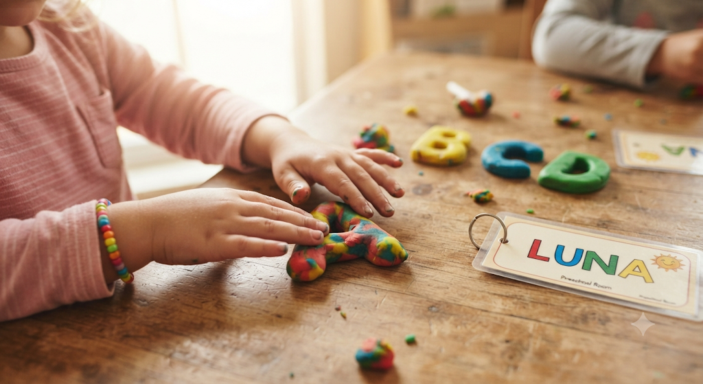 Child rolling play dough into the shape of letters to practice name writing