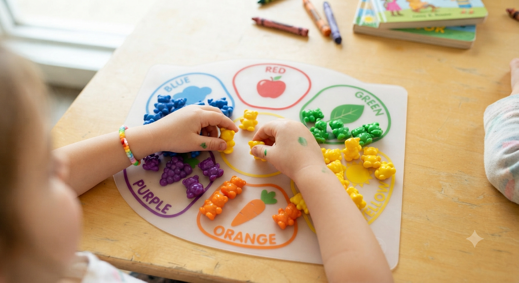 Kindergarten students sorting colorful counting bears by color