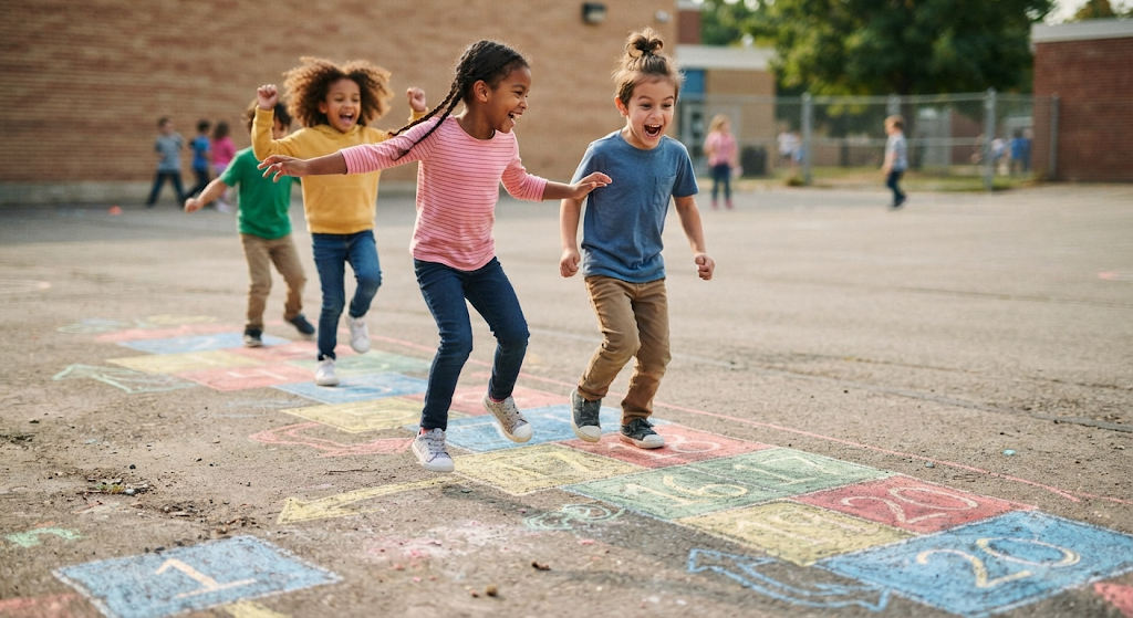 Children hopping along a chalk number line drawn on the ground