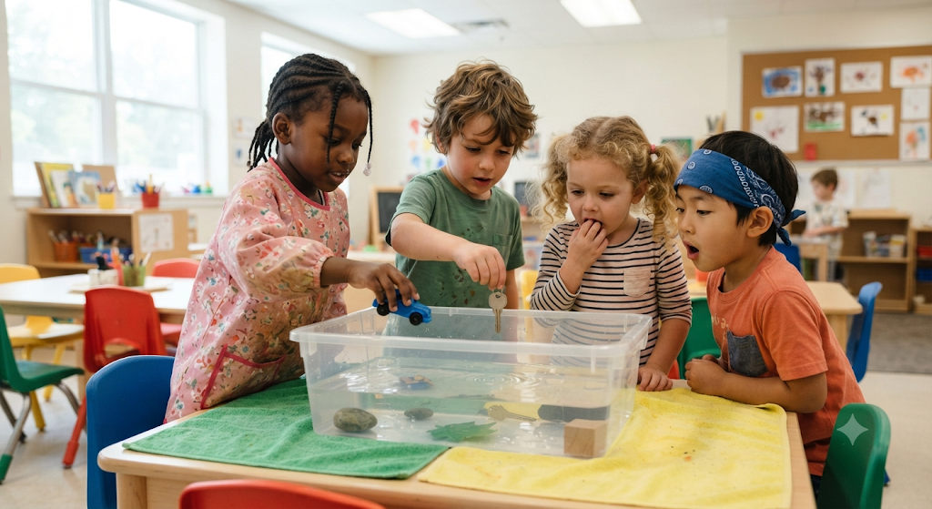 Kindergarten students testing objects in a sink or float water experiment