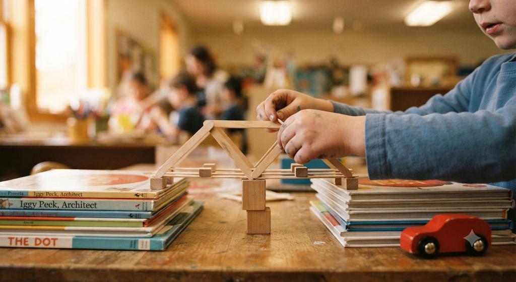 Children building a bridge structure from craft sticks and blocks