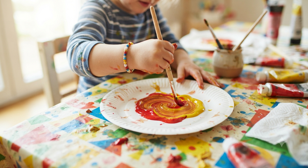 Children mixing primary paint colors on paper plates