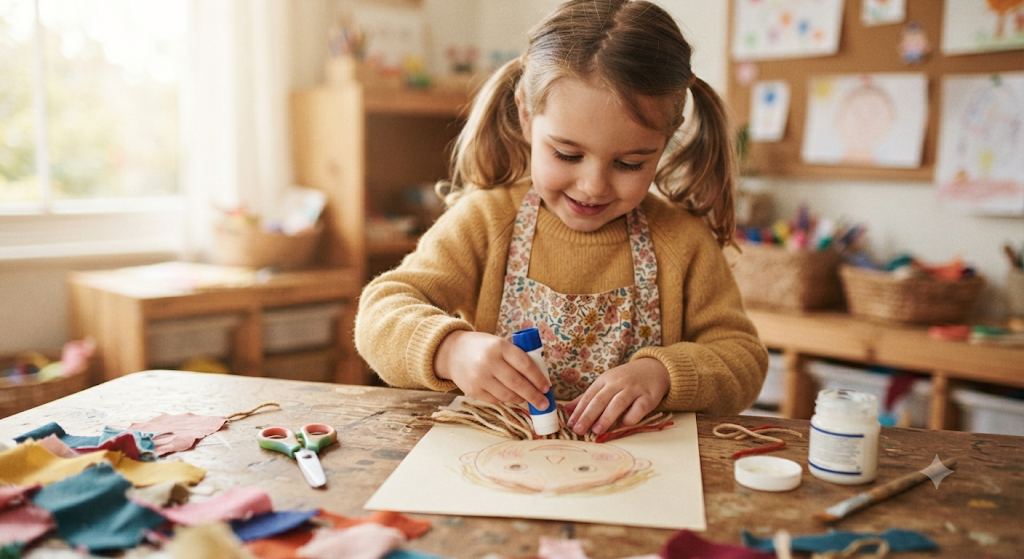 Child creating a self-portrait collage using yarn and fabric scraps