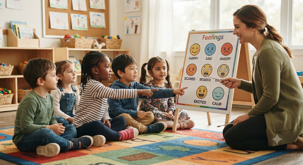 Children pointing to feelings faces on a classroom emotions chart