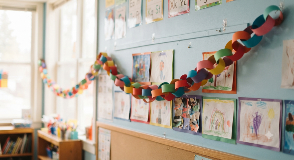 Colorful paper kindness chain hanging in a kindergarten classroom