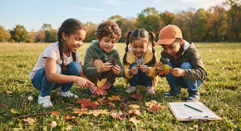 Kindergarten students exploring a nature scavenger hunt outdoors