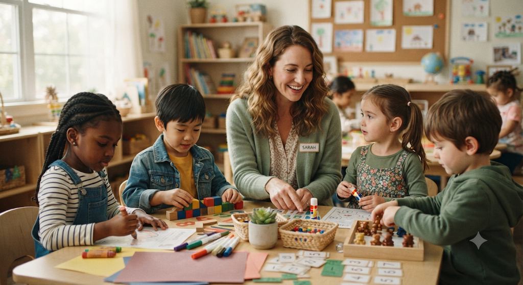 Kindergarten teacher smiling with students during a classroom activity