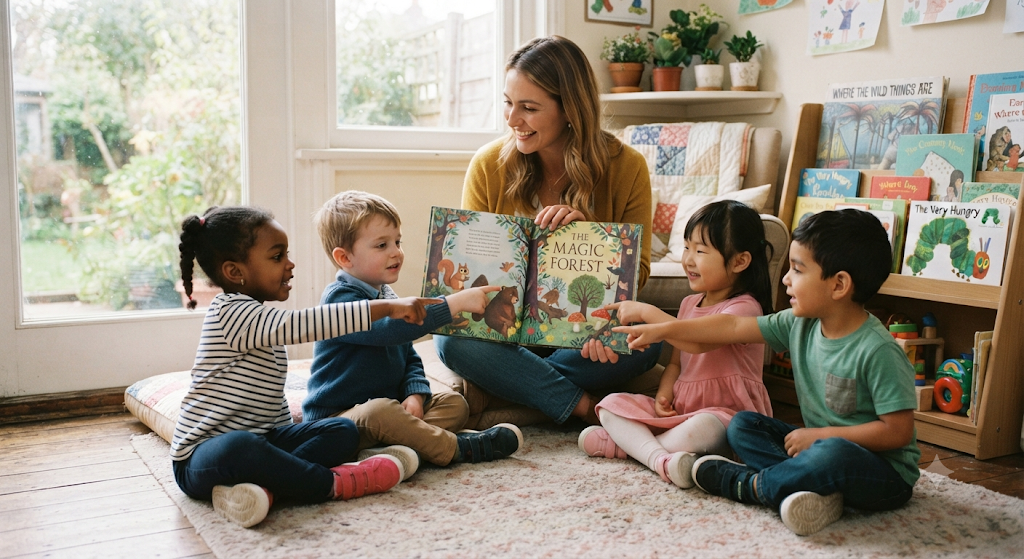 : "Preschool teacher reading a picture book to small group of children" 