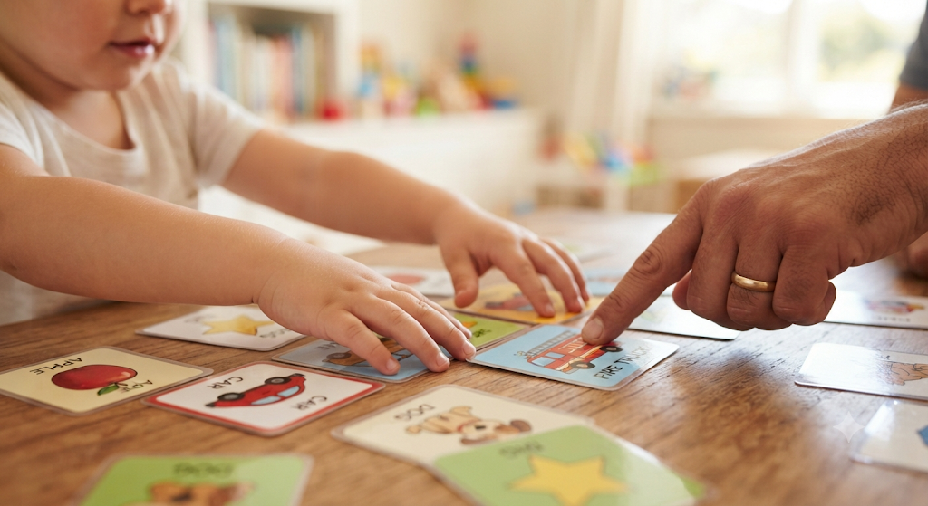 "Child pointing at picture cards during a naming game" 