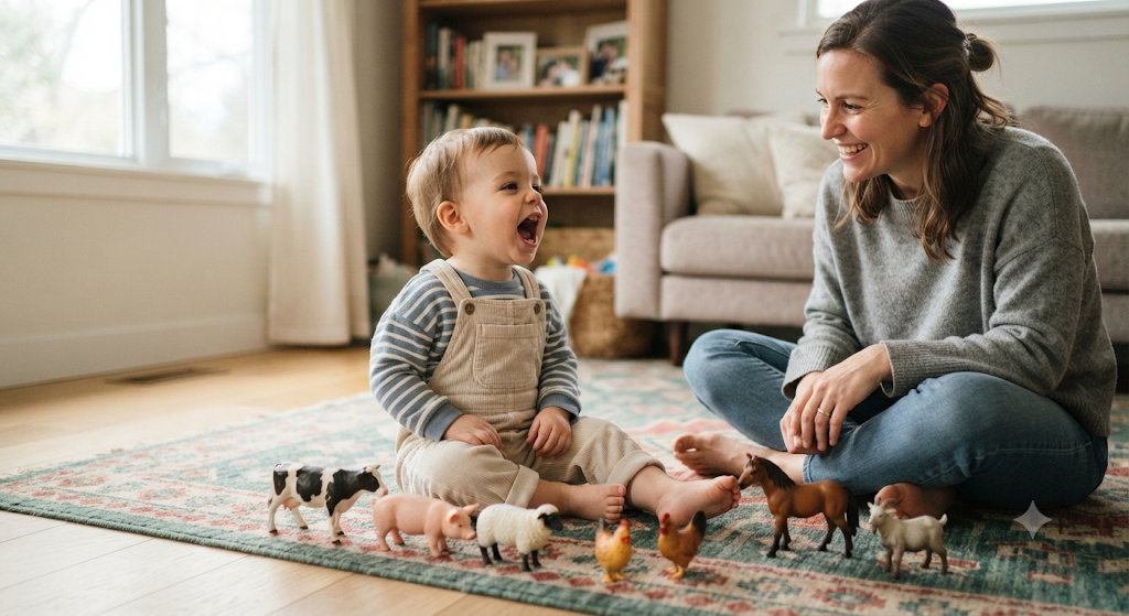 "Preschooler playing with toy animals making animal sounds" 