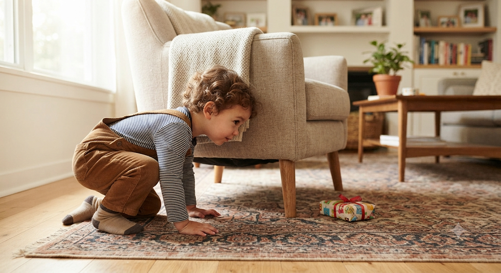 "Child following clues during an indoor treasure hunt game"