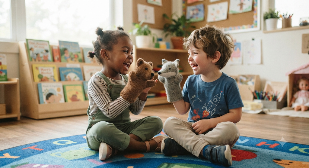 "Two children using hand puppets for a pretend conversation" 