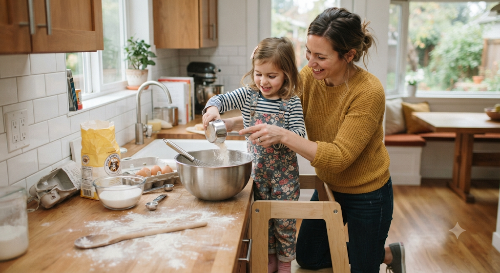 "Parent and child measuring ingredients together in the kitchen" 