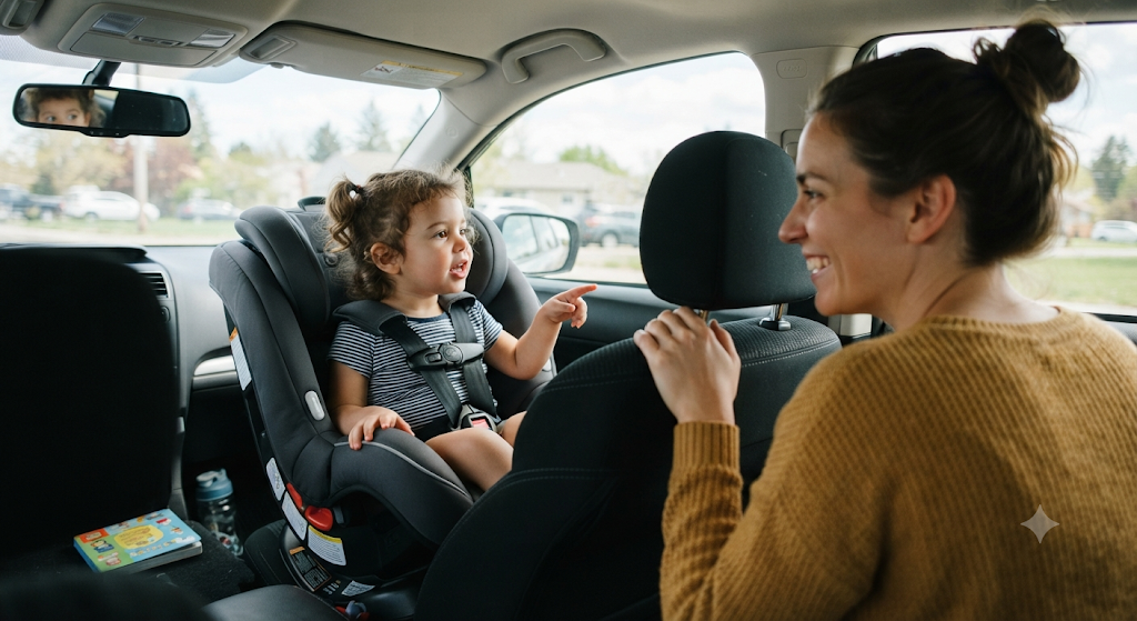 "Family talking together during car ride with child in car seat" 