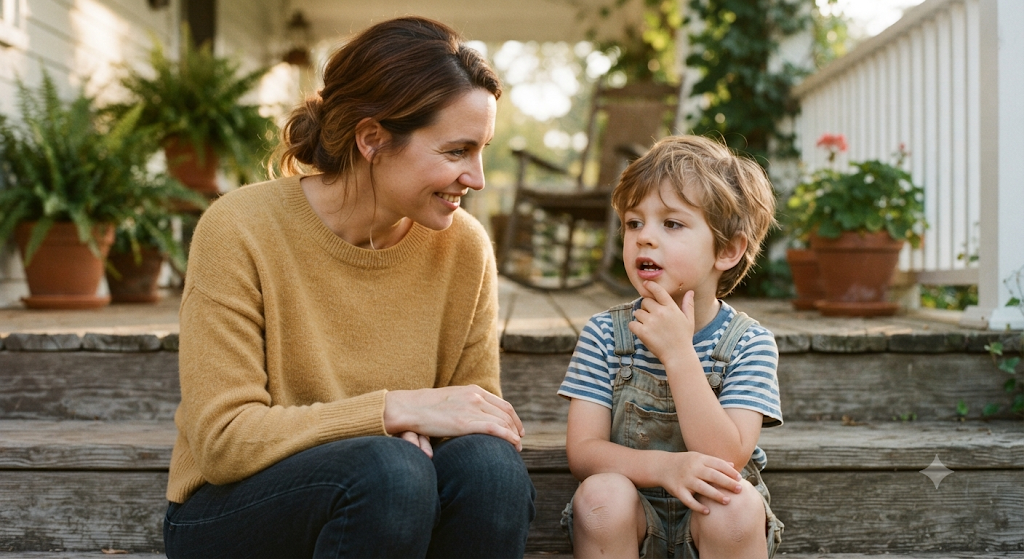 "Adult pausing patiently while child thinks of a response"