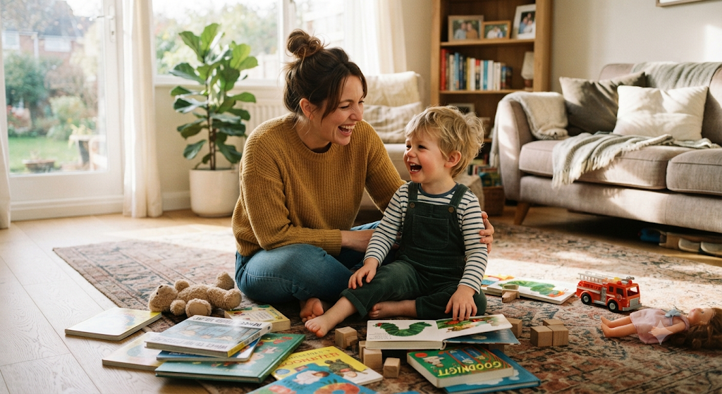 "Parent and preschooler laughing together during a language game at home"