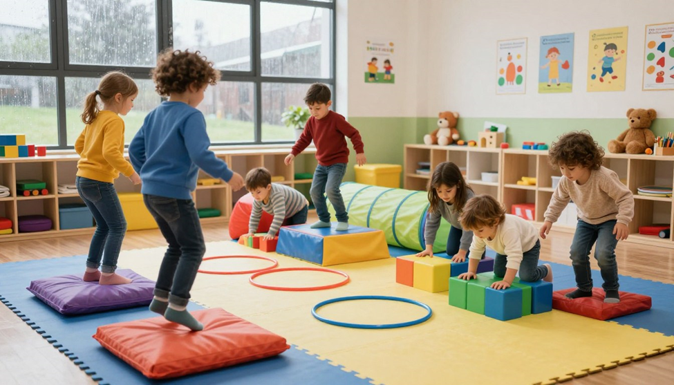 children crawling, jumping in the living room 