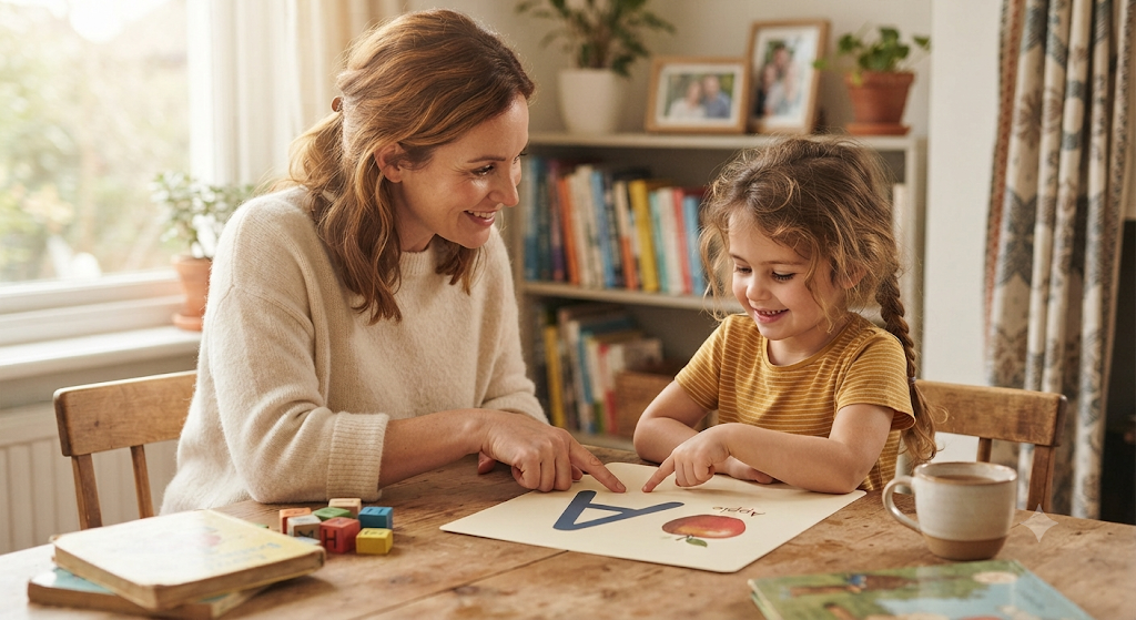 Parent and young child pointing together at a phonics letter card