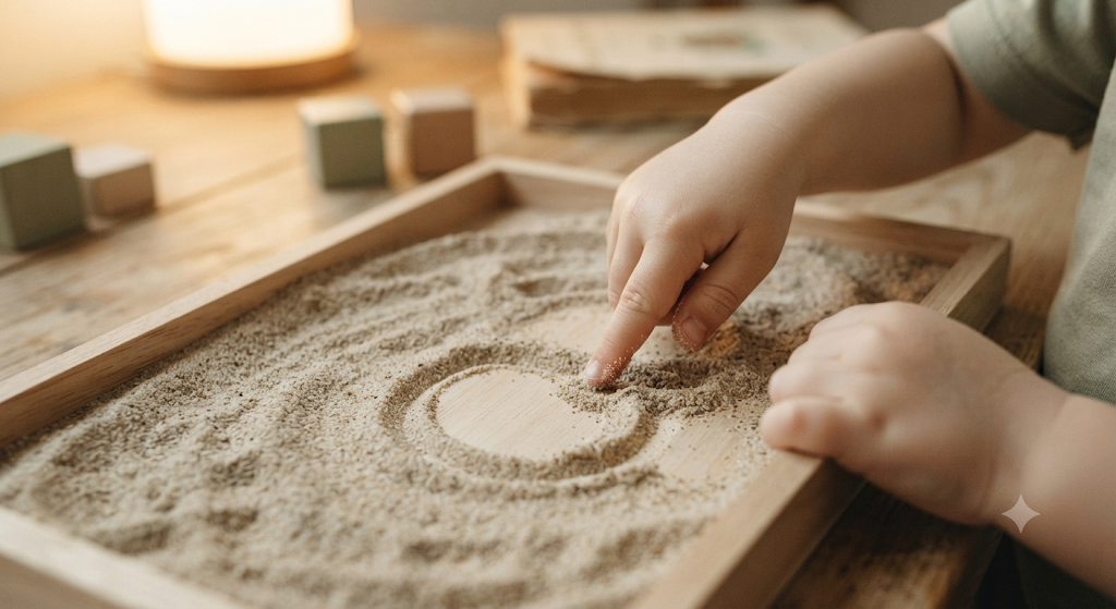 Child's hands tracing the letter S in a tray of sand