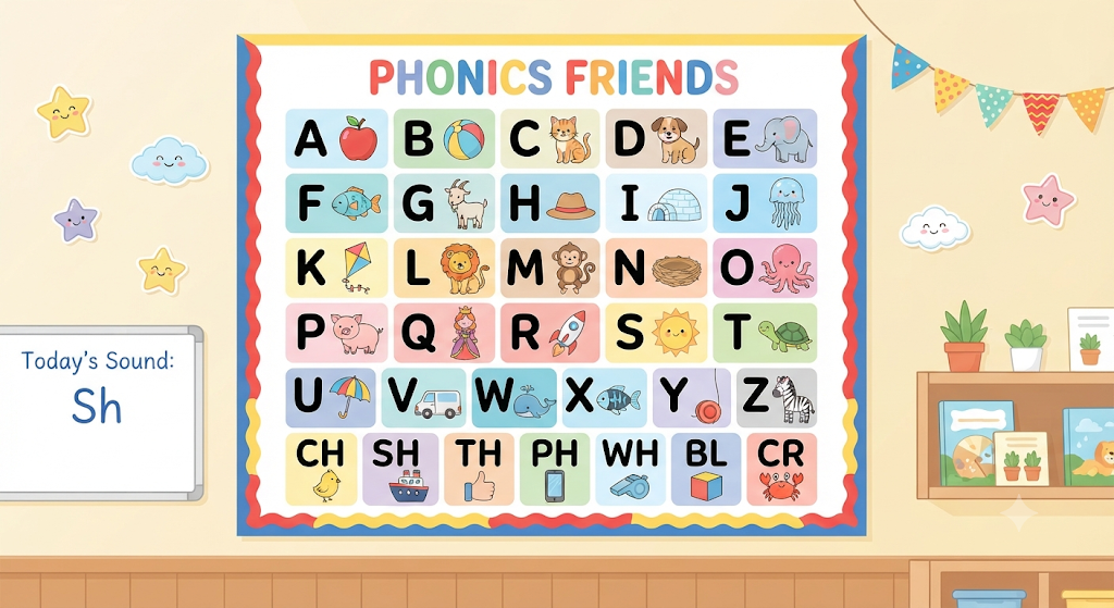 Classroom wall display of a colorful phonics sound chart