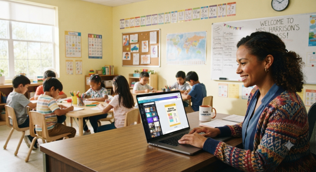 Elementary teacher creating classroom materials in Canva