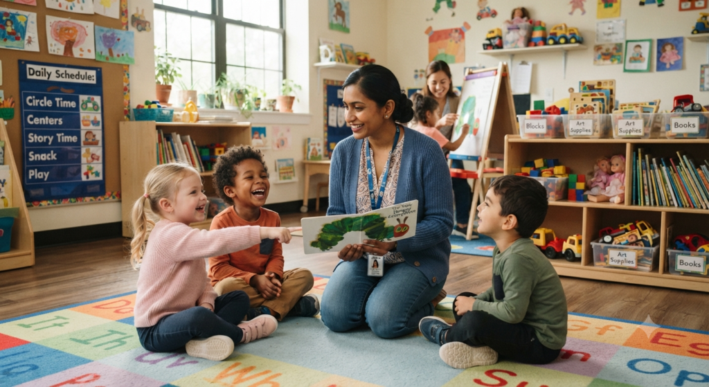 a preschool teacher calmly interacting with smiling young children in a colourful classroom