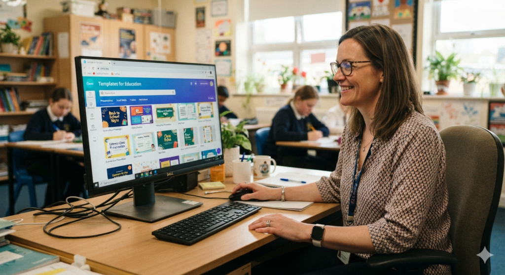 Teacher exploring Canva templates on a computer screen 