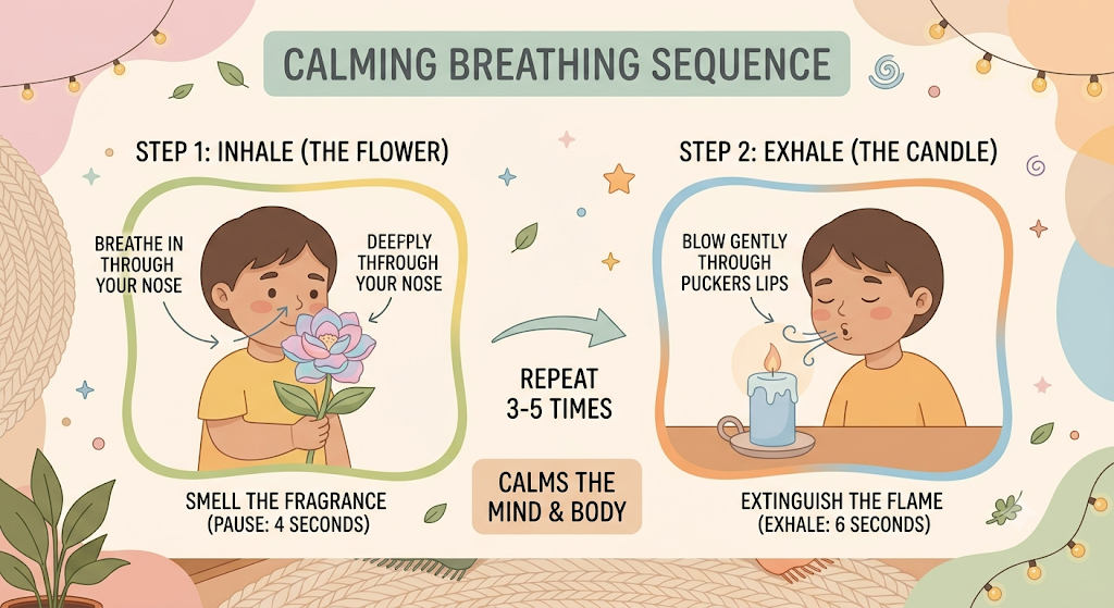  A simple flat-design infographic showing the flower-and-candle breathing technique, using soft pastel colors to teach emotional regulation and mindfulness skills to children.