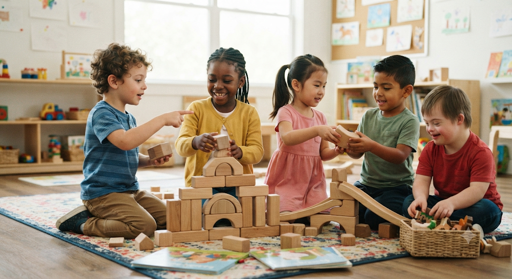 Children sharing toys, helping one another, and demonstrating kindness and cooperation.