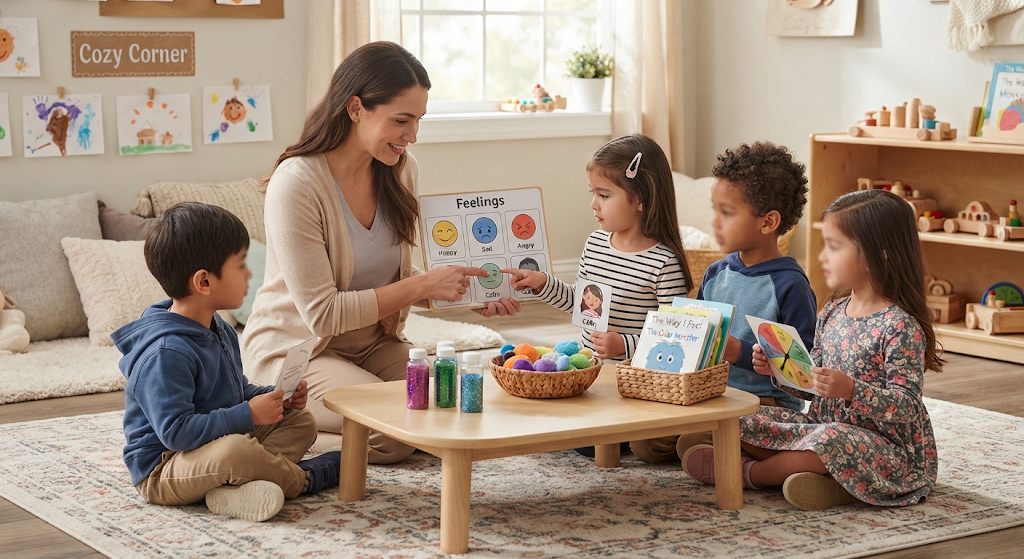 Teacher and young children looking at emotion cards together in a classroom
