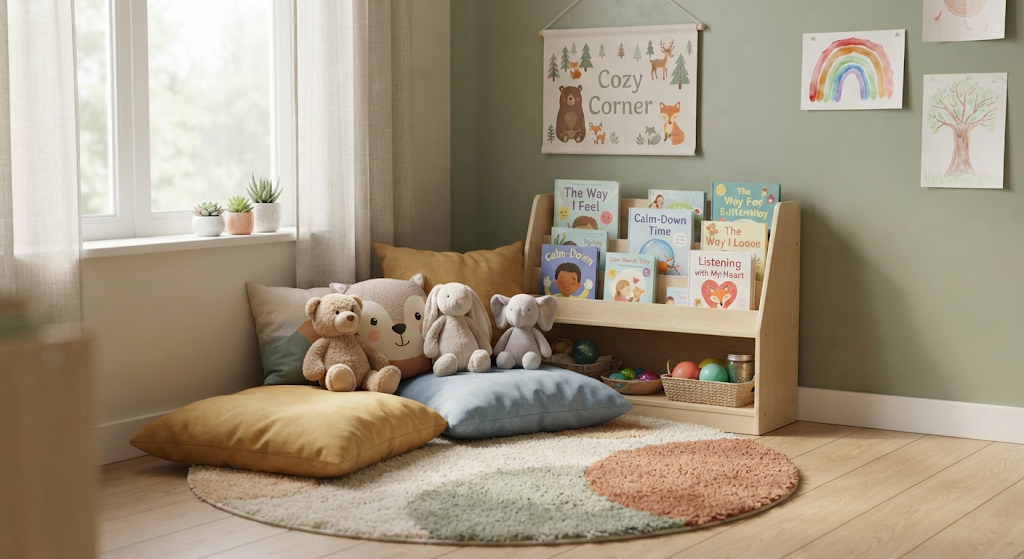 A cozy calm-down corner set up in a preschool classroom
