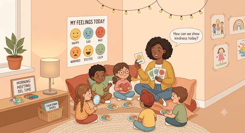 A simple flat-design infographic showing the flower-and-candle breathing technique, using soft pastel colors to teach emotional regulation and mindfulness skills to children.