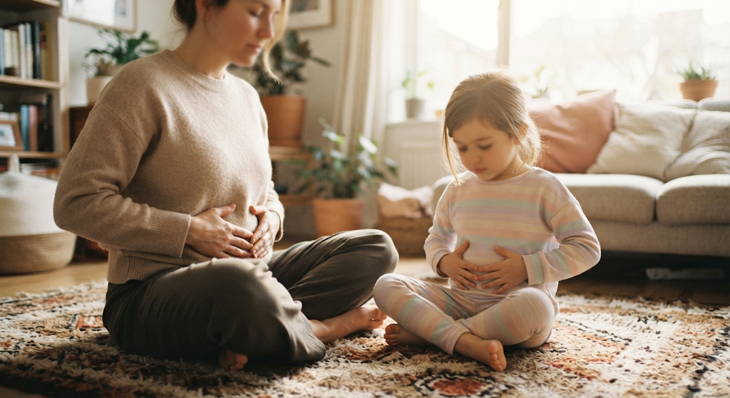 Parent and child practicing calm breathing together at home