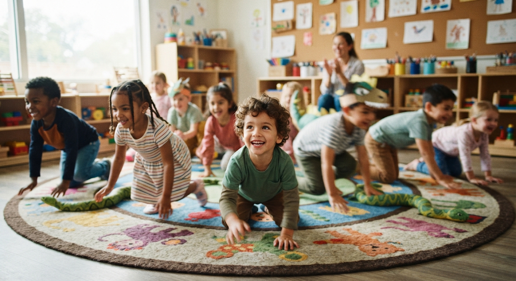 Children moving like animals during a classroom movement break